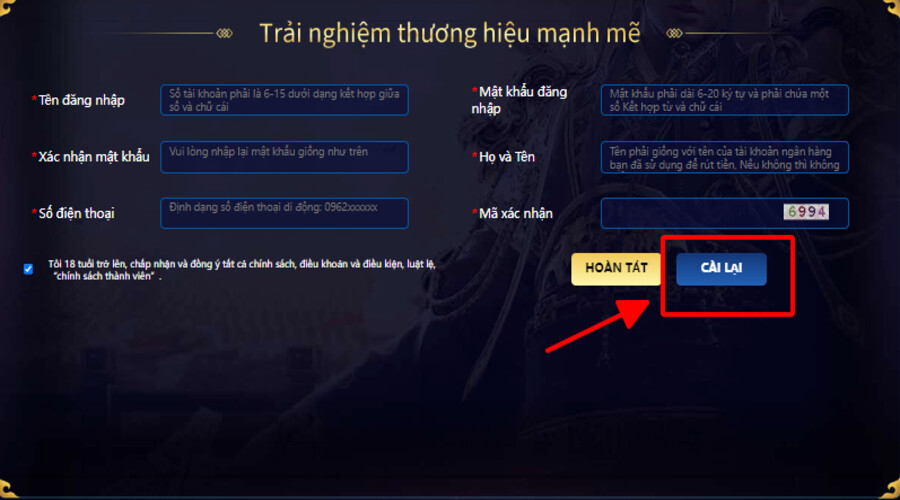 Trong quá trình nhập thông tin, nếu phát hiện sai sót, sử dụng chức năng “Cài lại”